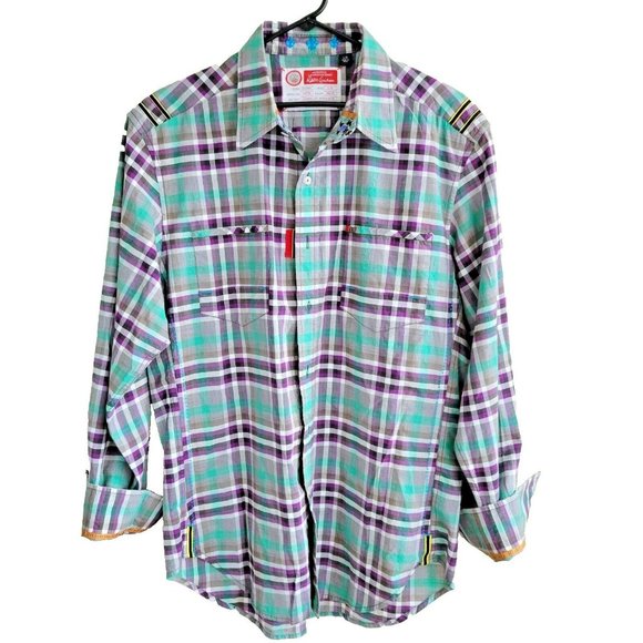 Robert Graham Other - Robert Graham Turquoise Purple Plaid Button Down Shirt Flip Cuff Men's Size L